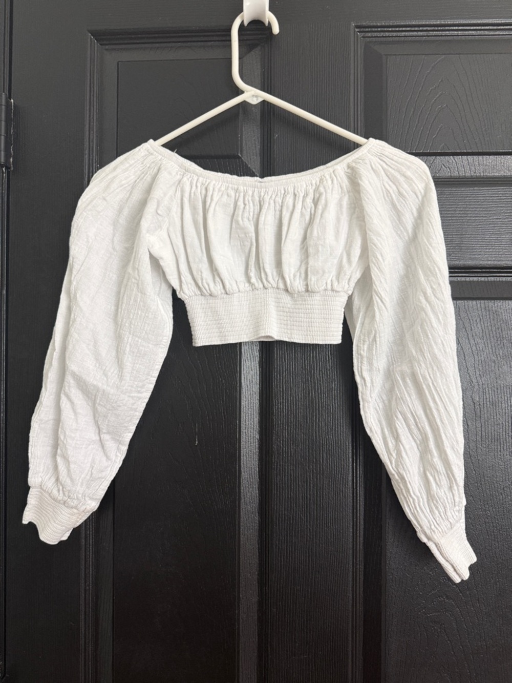 White Off-Shoulder Smocked Crop Top with Balloon Sleeves